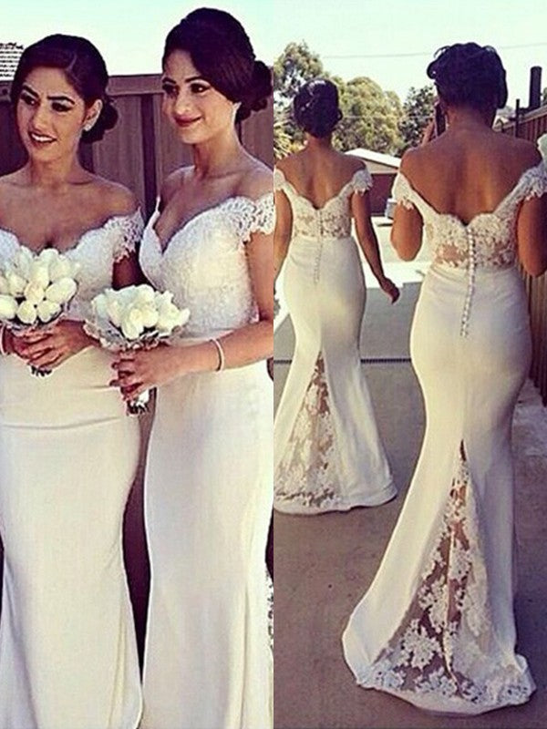 Wholesale Trumpet/Mermaid Sleeveless Off-the-Shoulder Lace Stretch Crepe Sweep/Brush Train Dresses